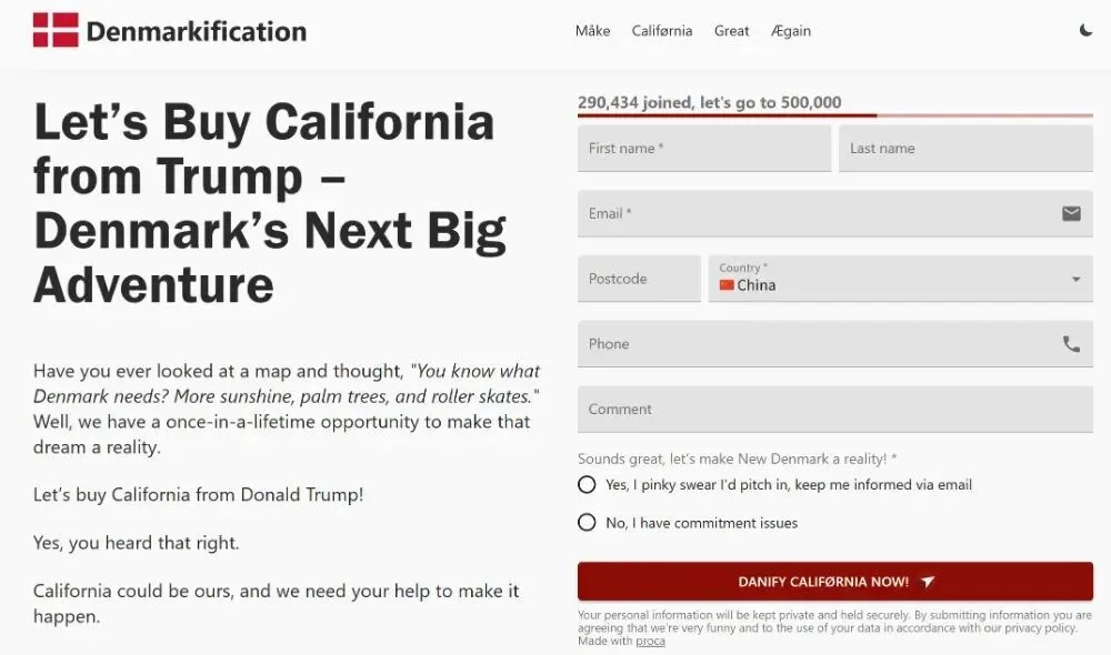 还击美国威胁，近30万网民参与联署“支持丹麦买下加州”